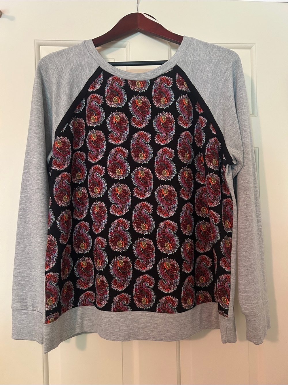 Rachel Roy Gray Raglan Sweatshirt with Red Paisley Front Panel